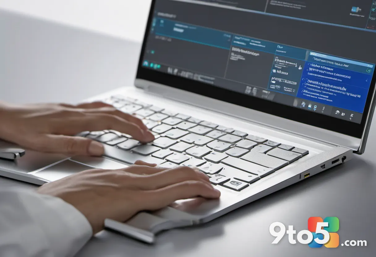 A close-up photograph of a person's hands on a silver laptop keyboard, with the Windows Security dashboard visible on th