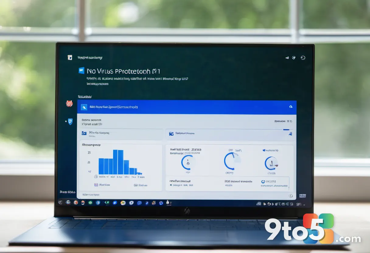 A close-up view of a laptop screen displaying the Windows Security dashboard with the Virus and threat protection tile h