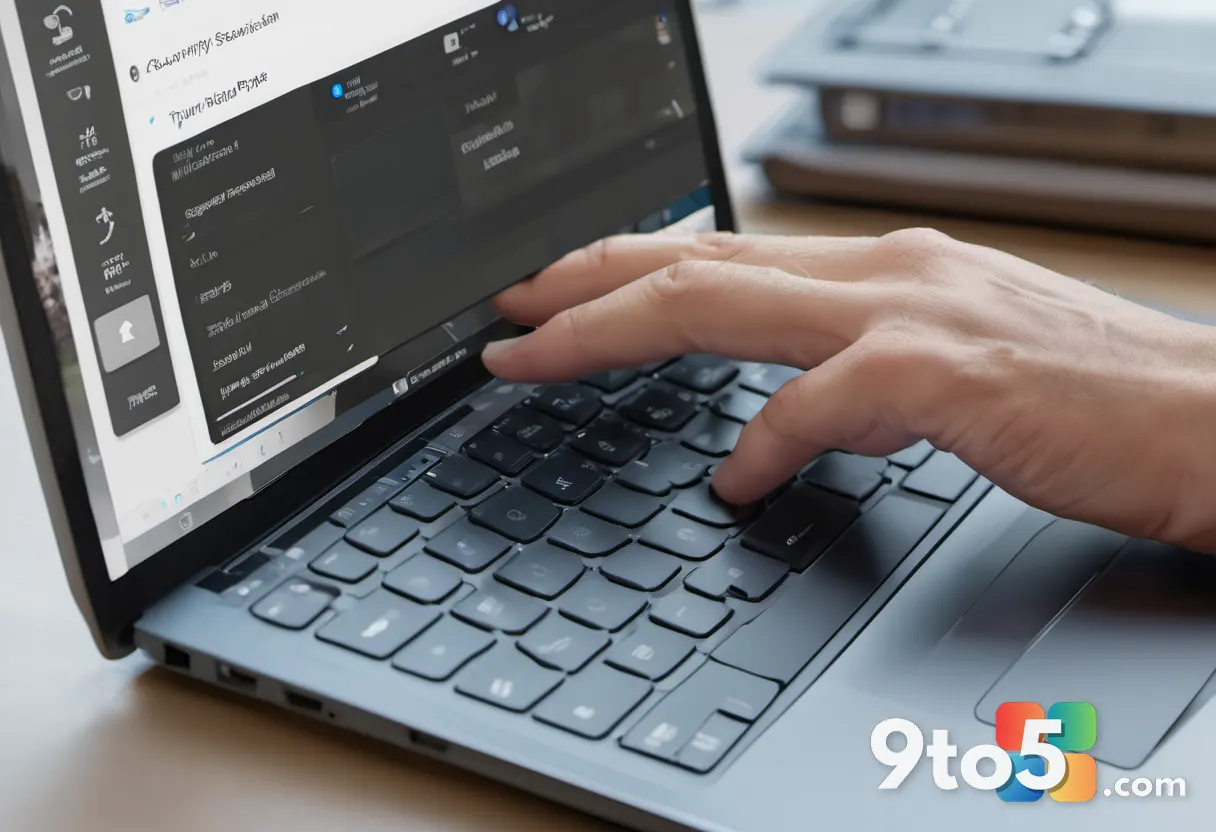 Close-up of a finger tapping the Scan options link inside the Windows Security app on a touchscreen laptop.
