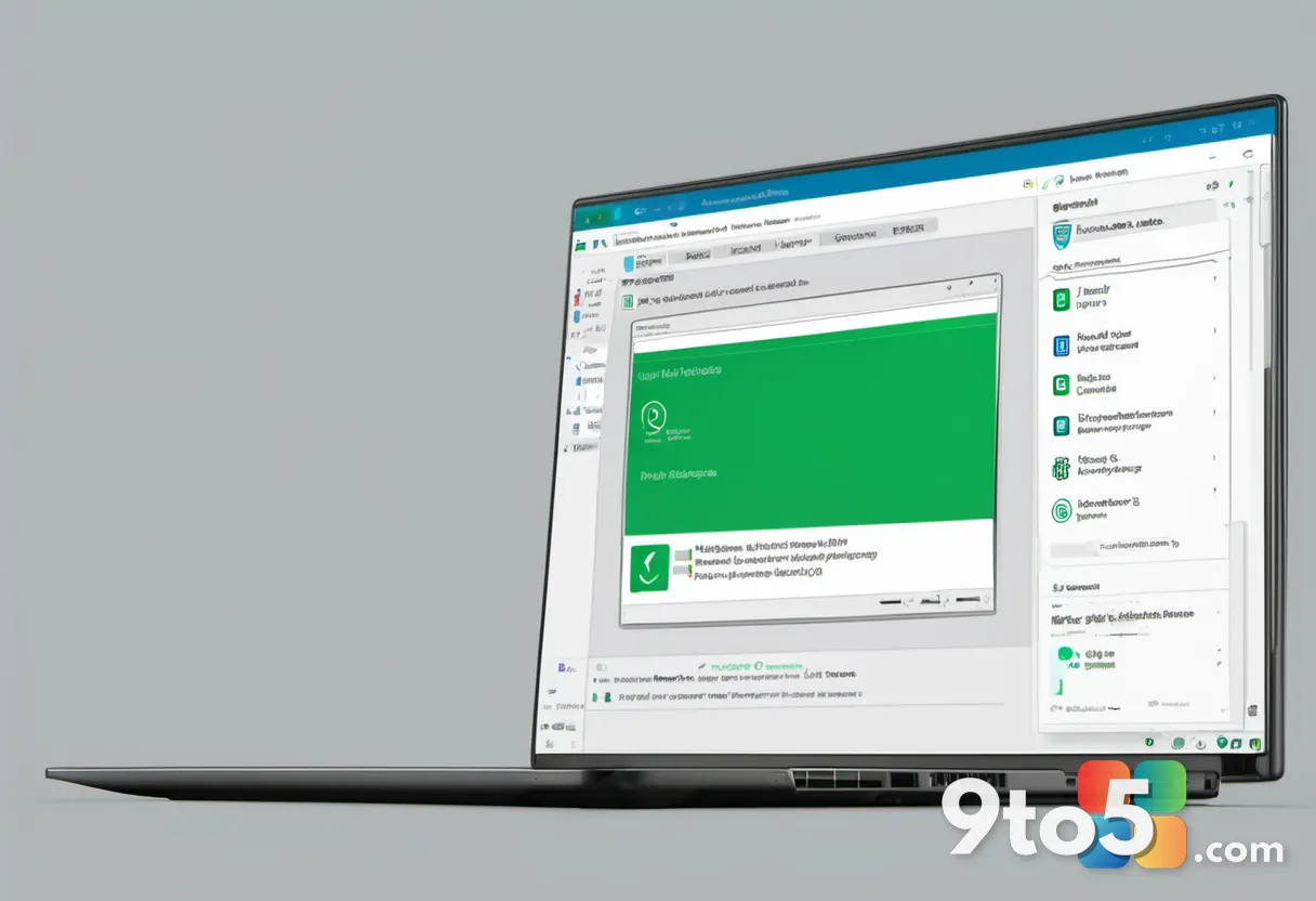 Laptop screen showing a completed Windows Defender scan with a green shield icon and a list of scanned files, warm desk 