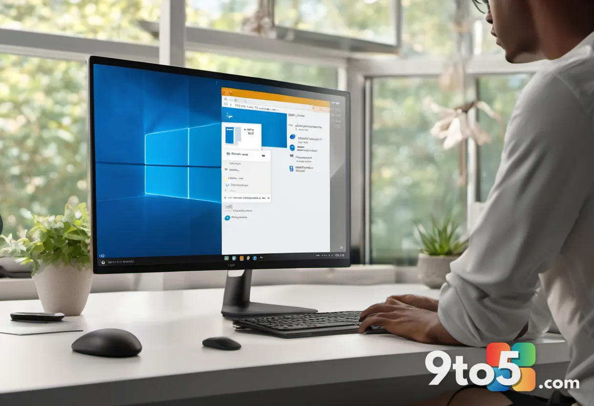 A close-up photo of a person's hands resting on a desk next to a powered-on desktop monitor displaying a successful Wind