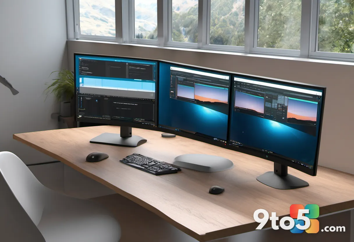 A tidy dual-monitor desk setup showing a wide desktop with a taskbar spanning both screens, multiple open windows spread