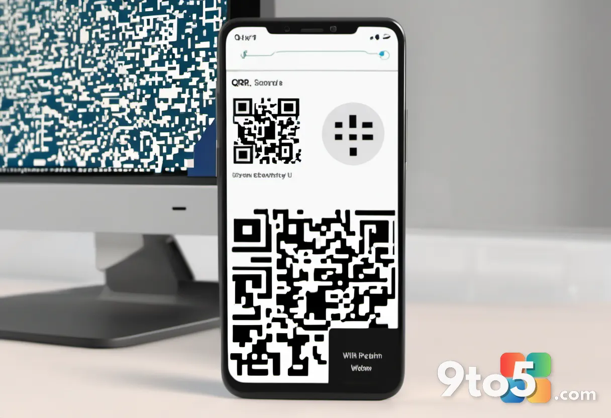 A hand holding a smartphone that shows a QR code scanner interface pointed at a computer monitor.