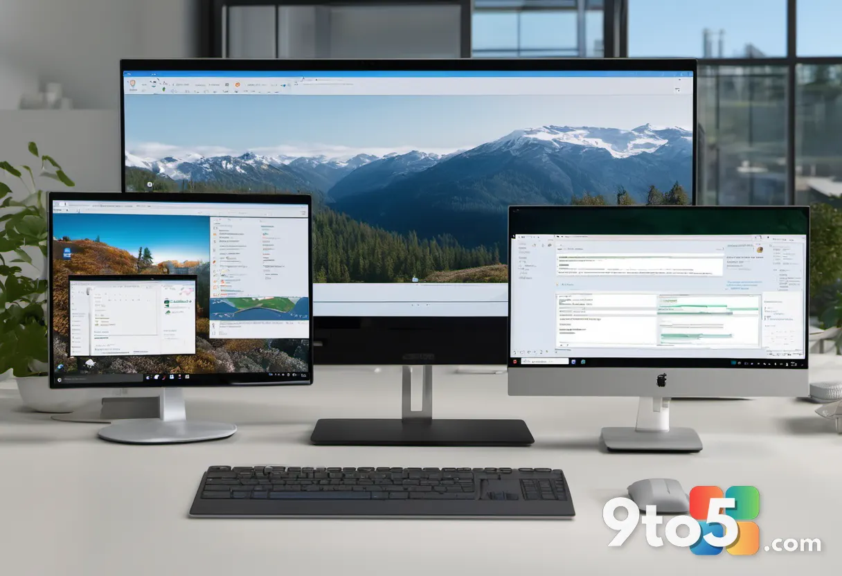 Windows 11 desktop scene showing two virtual desktops side by side, one filled with office apps and one with personal br