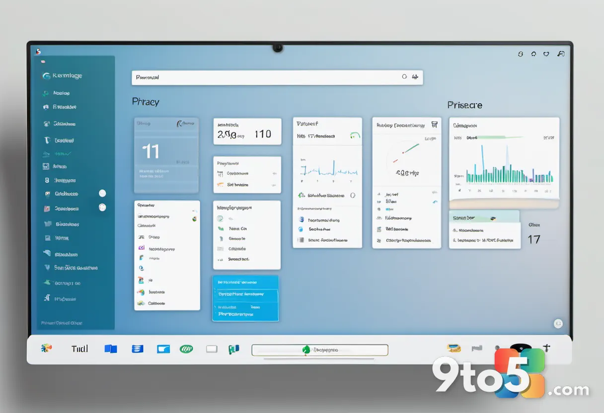 A clean Windows 11 Privacy dashboard displaying multiple toggles set to the off position, photographed on a desktop moni
