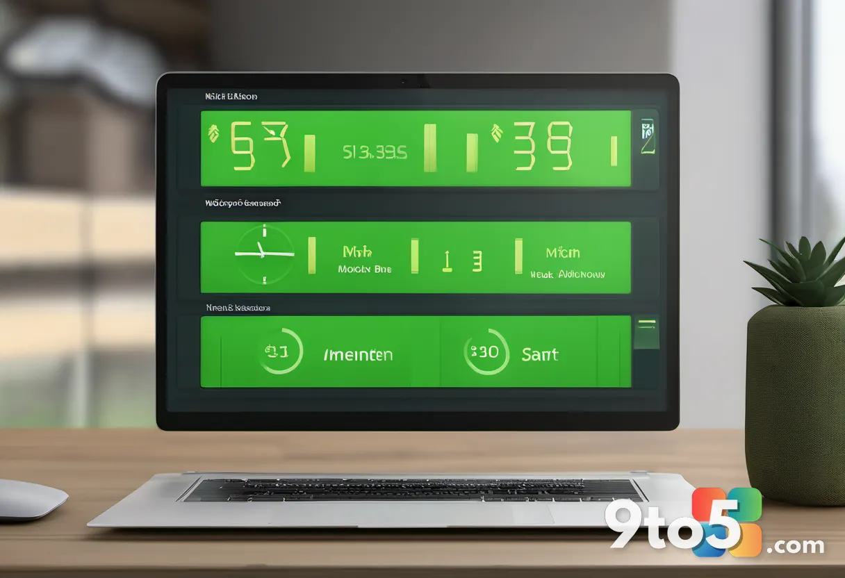 Laptop screen displaying a running Focus Sessions countdown timer with a green Start button and ambient sound icons, on 
