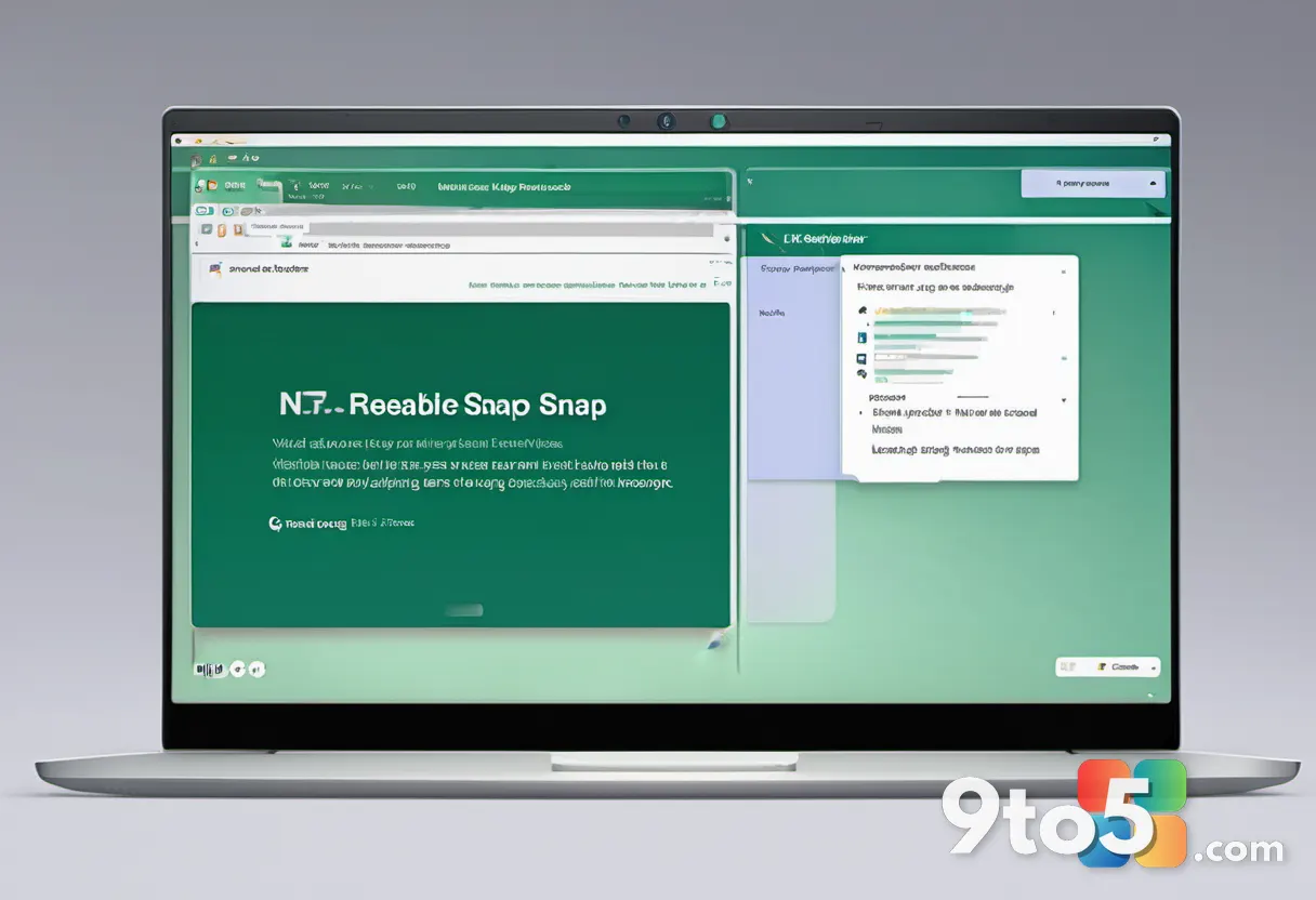 Close-up of a laptop screen showing the translucent Snap Layouts hover preview overlay with four grid options, fingers h
