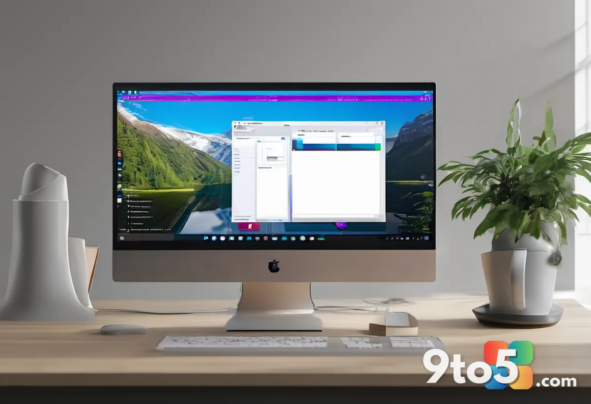 A desktop monitor displaying two side-by-side application windows perfectly aligned with no gaps, a coffee mug and noteb