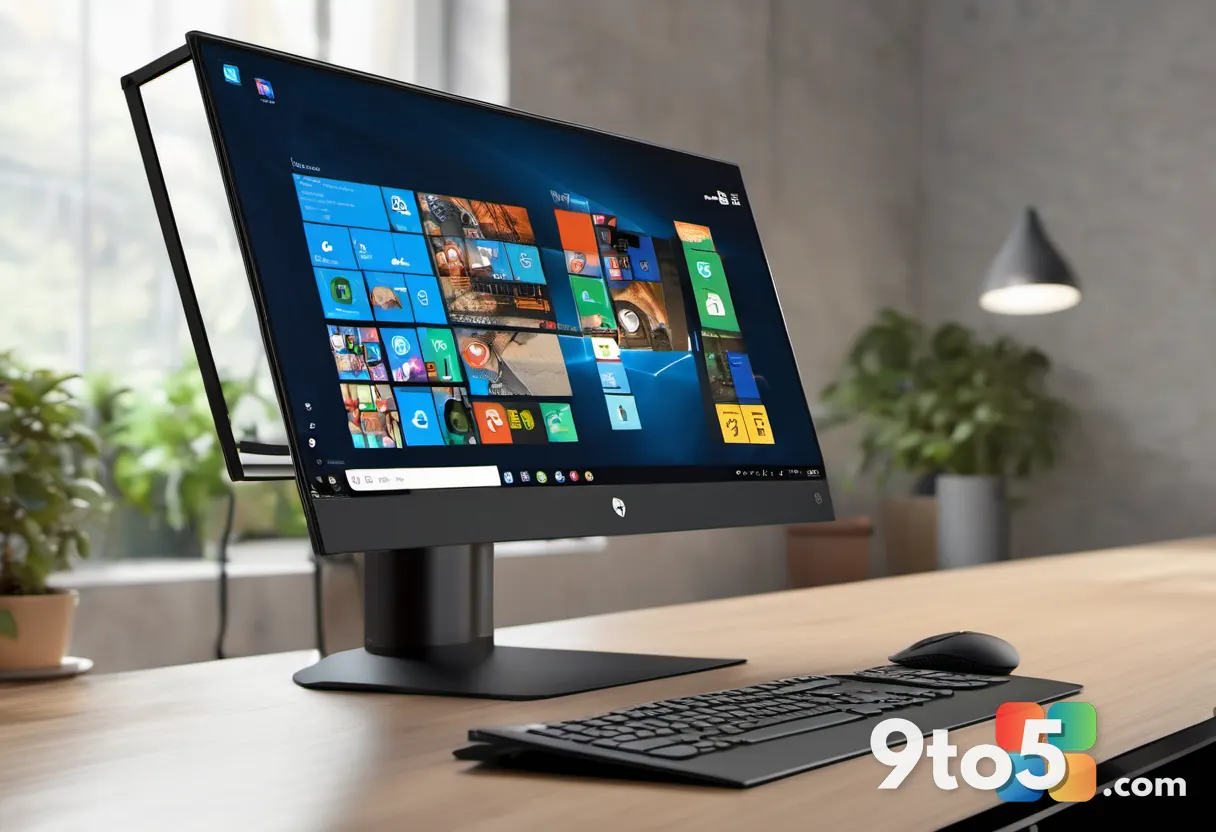 Close-up of a built-in PC handle mounted on a flexible loop across the top of an all-in-one display, a hand gripping it,