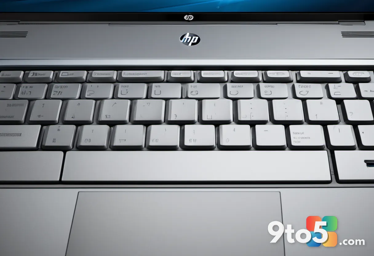 Close-up of HP Omnibook keyboard and trackpad, silver finish, hands typing, shallow depth of field, warm indoor lighting