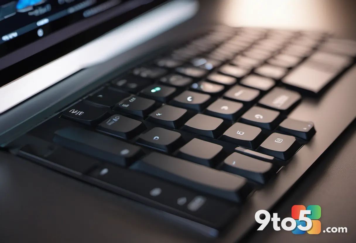 Close-up shot of a premium laptop keyboard with soft backlighting, fingers resting lightly on the keys, shallow depth of