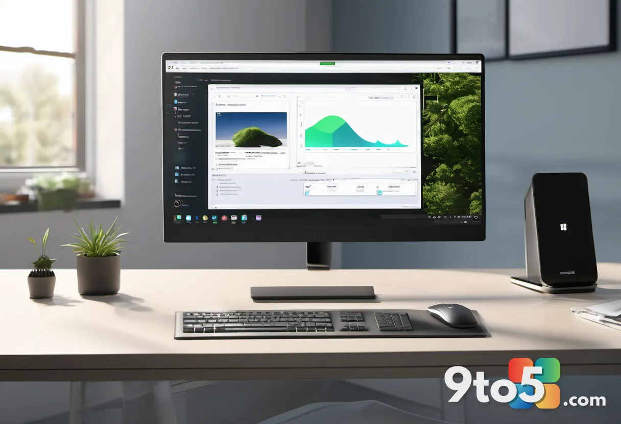 A modern office desk setup showing a laptop connected to an external monitor and a wireless mouse, with natural light st
