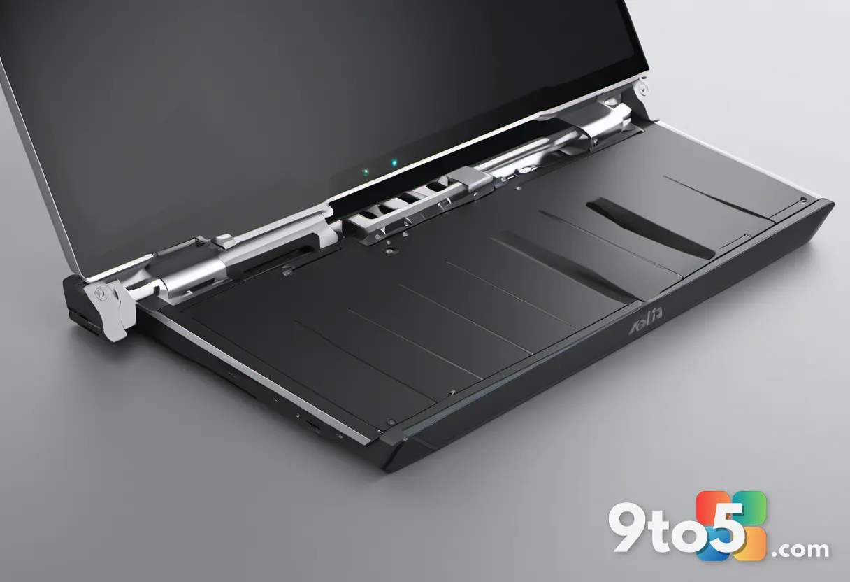 Close-up of a premium aluminum laptop hinge mechanism, showing smooth metal joints and a matte dark finish, studio light