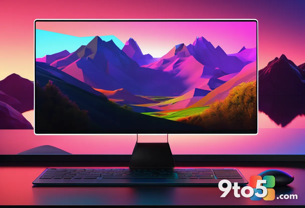 A vibrant OLED laptop screen displaying a colorful mountain landscape, reflecting rich contrast and deep blacks, viewed 