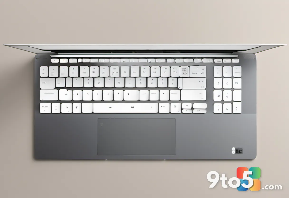 A modern laptop keyboard with white backlighting, shot from above showing spacious key layout and aluminum palm rest, cl
