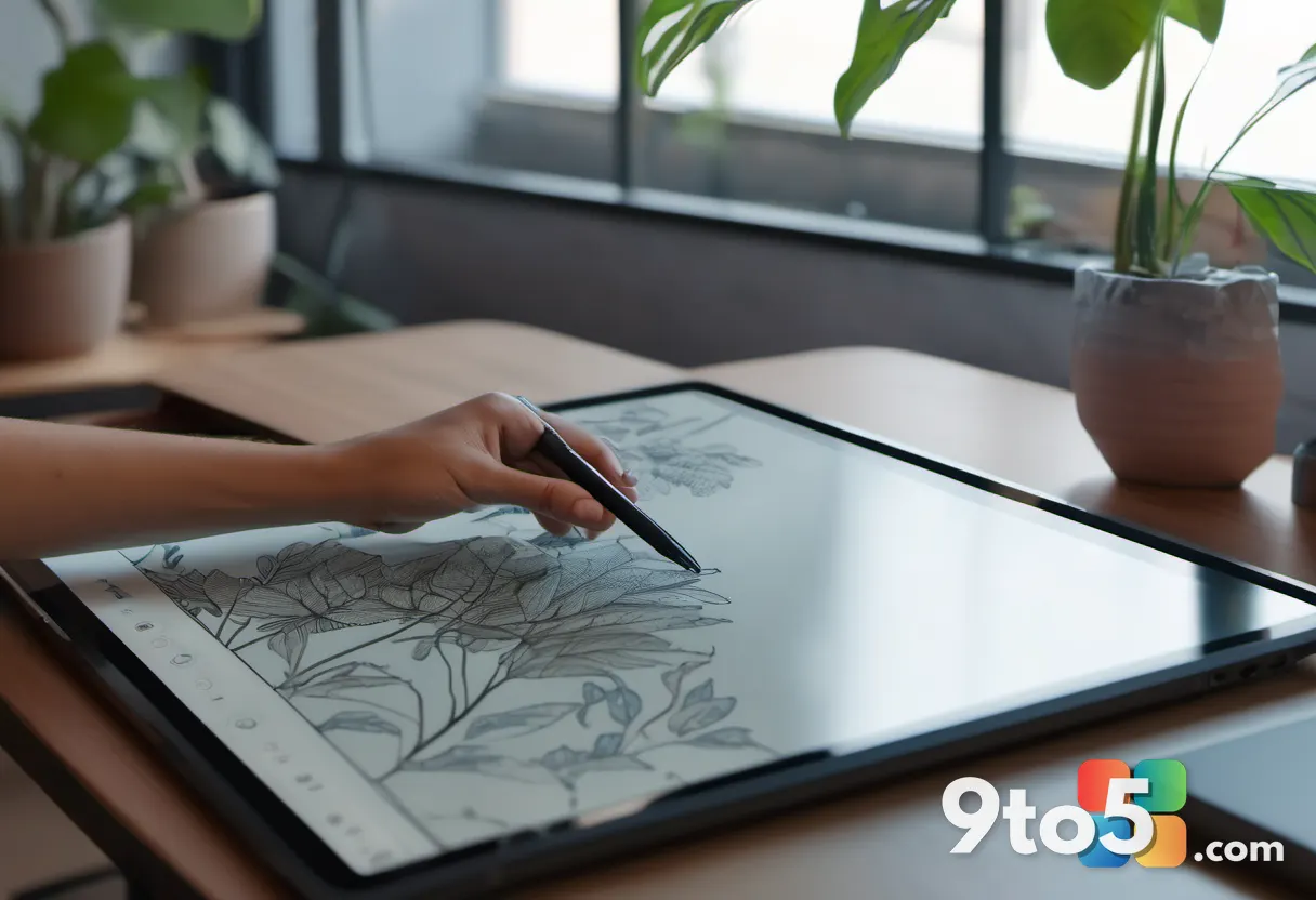 A close-up photograph of a digital artist's hand holding a stylus, drawing vibrant botanical illustrations on a large 4K