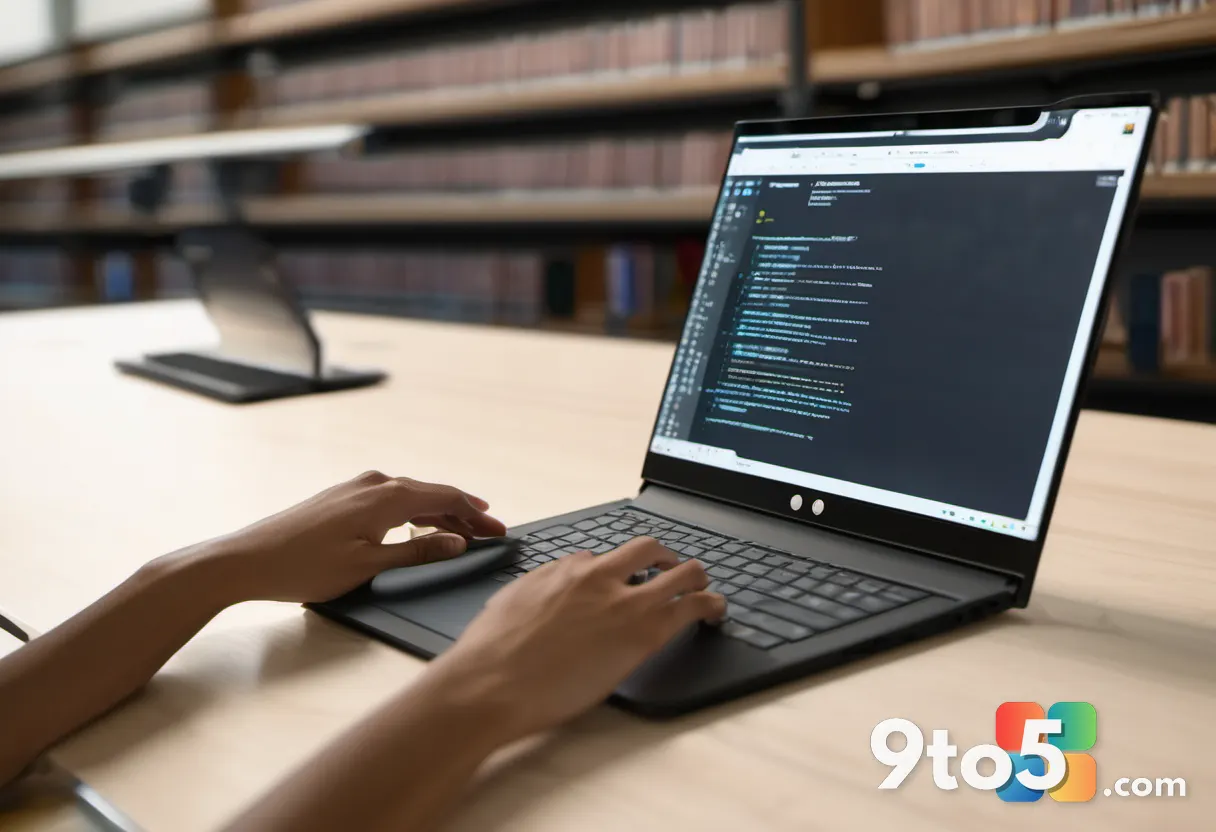 A student sitting at a library study carrel using a compact smart notebook to scan handwritten lecture notes, with a sma