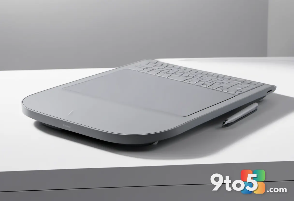 A minimalist product shot of a compact gray drawing tablet with eight express keys and a stylus resting on its surface, 