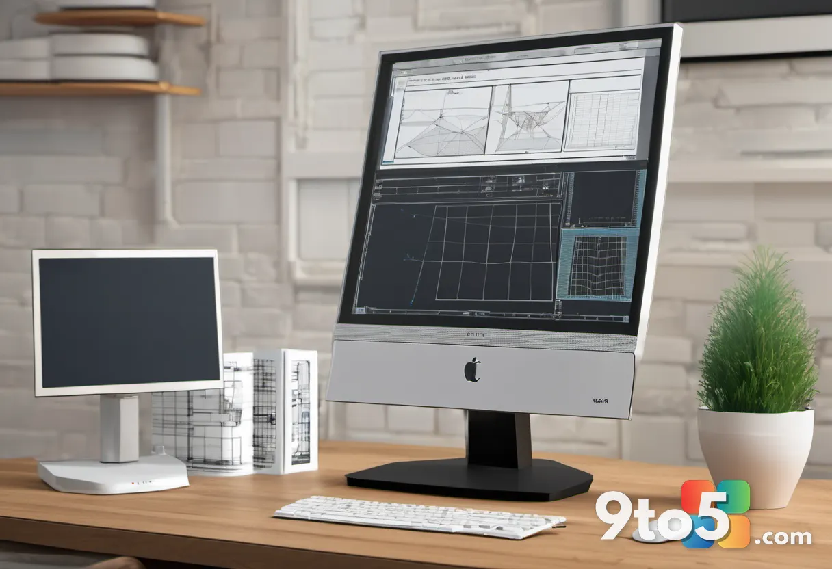 A vintage 1990s computer monitor displaying wireframe polygon graphics, sitting on a wooden desk beside a stack of devel
