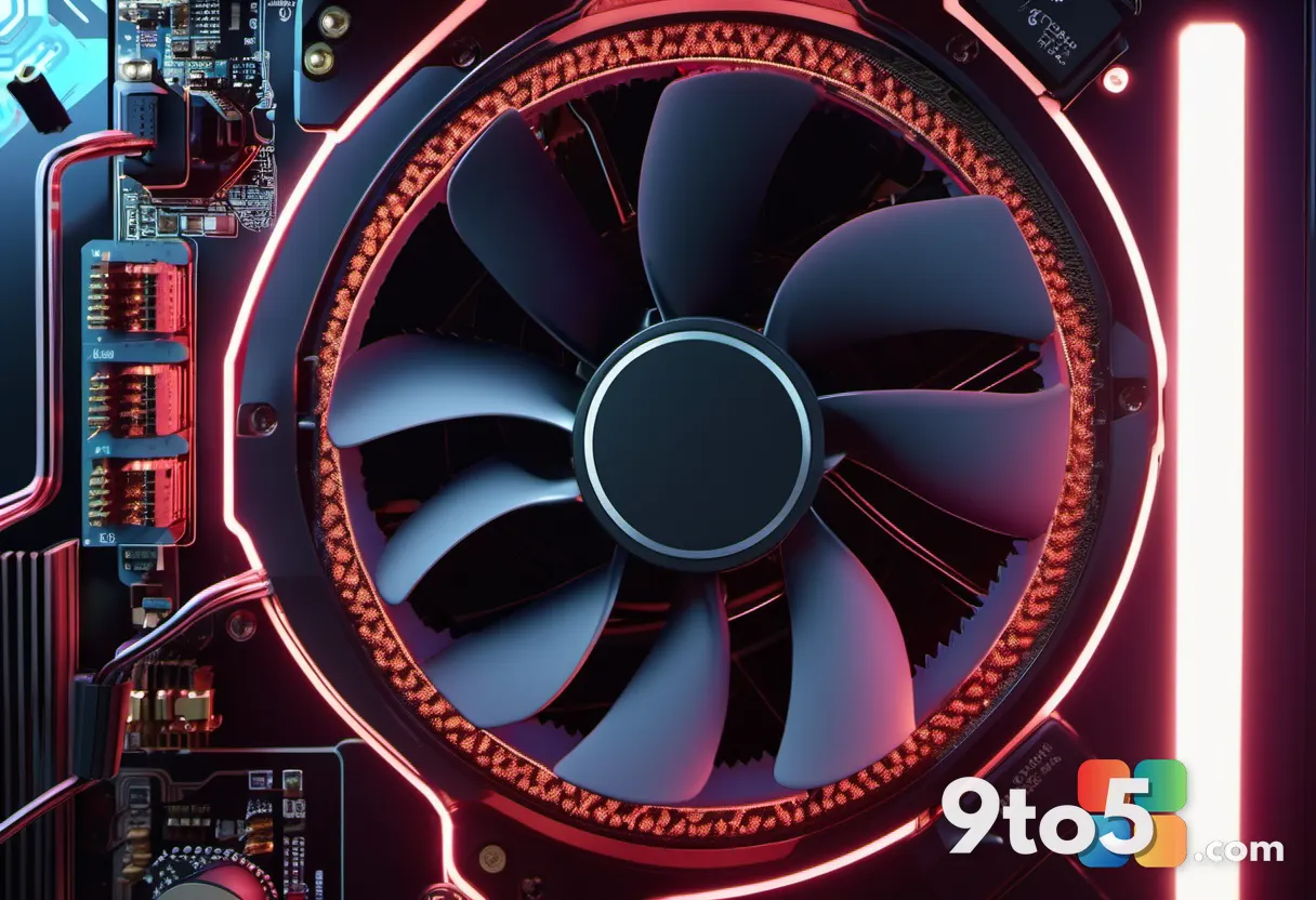 A close-up of a modern graphics card cooling fan spinning, with faint circuit board patterns glowing in the background.