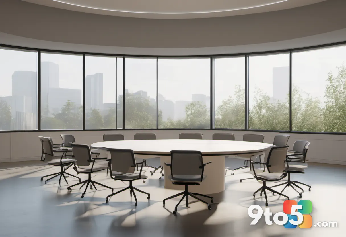A quiet conference room with empty chairs arranged in a circle, soft natural light filtering through blinds, evoking a s