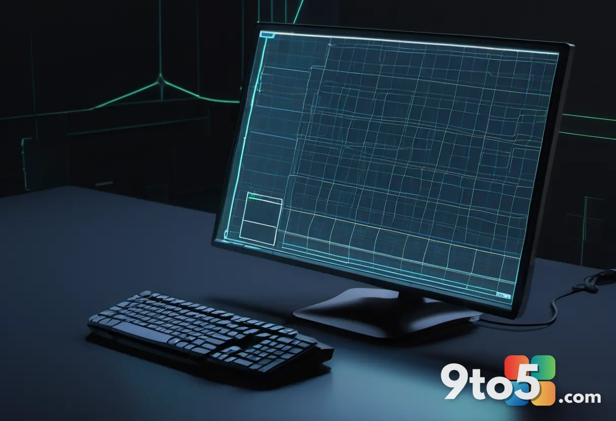 A single glowing monitor in a dark room displaying a minimalist game engine viewport with grid lines and a floating geom