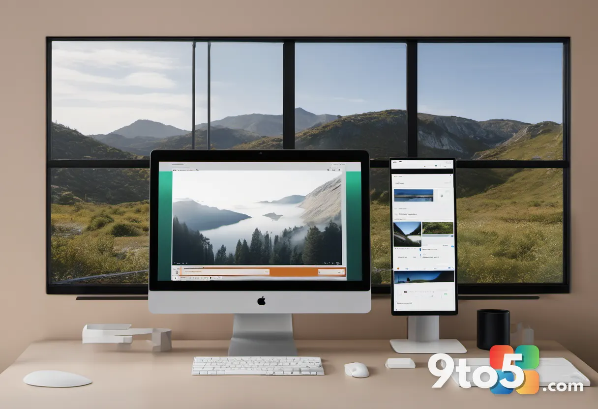 A laptop and a desktop computer side by side, both displaying the same image viewer interface with a photo gallery, repr