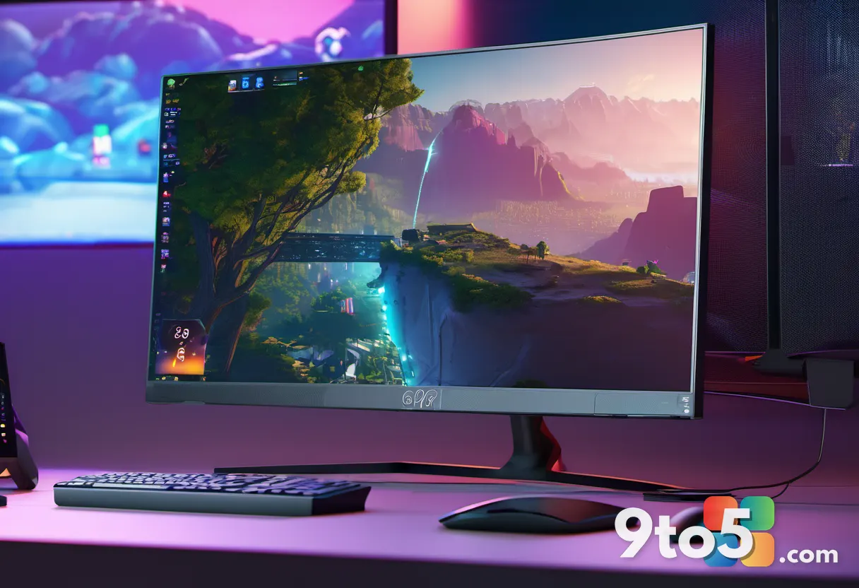 Close-up of a computer monitor displaying a game scene with smooth motion, an Intel Arc logo subtly visible in the corne