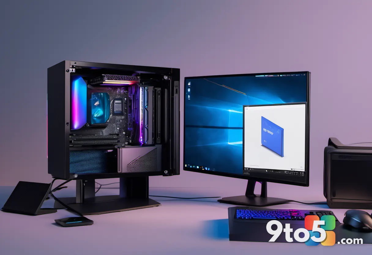 A hand installing a graphics card into a PC case, tools nearby, focus on the Intel Arc branding on the GPU, warm indoor 