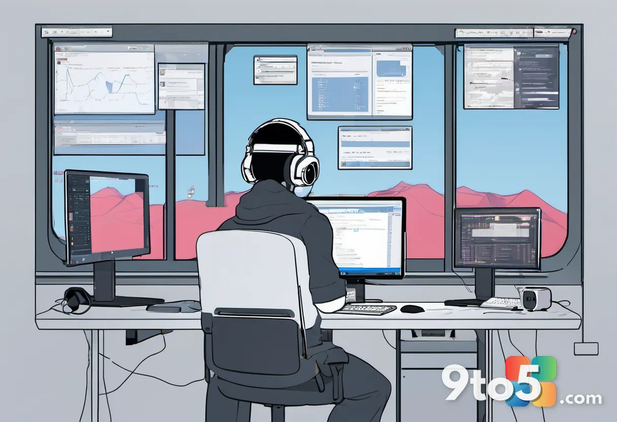 A lone game developer sitting at a desk with a headset, looking stressed, surrounded by floating negative comments and s