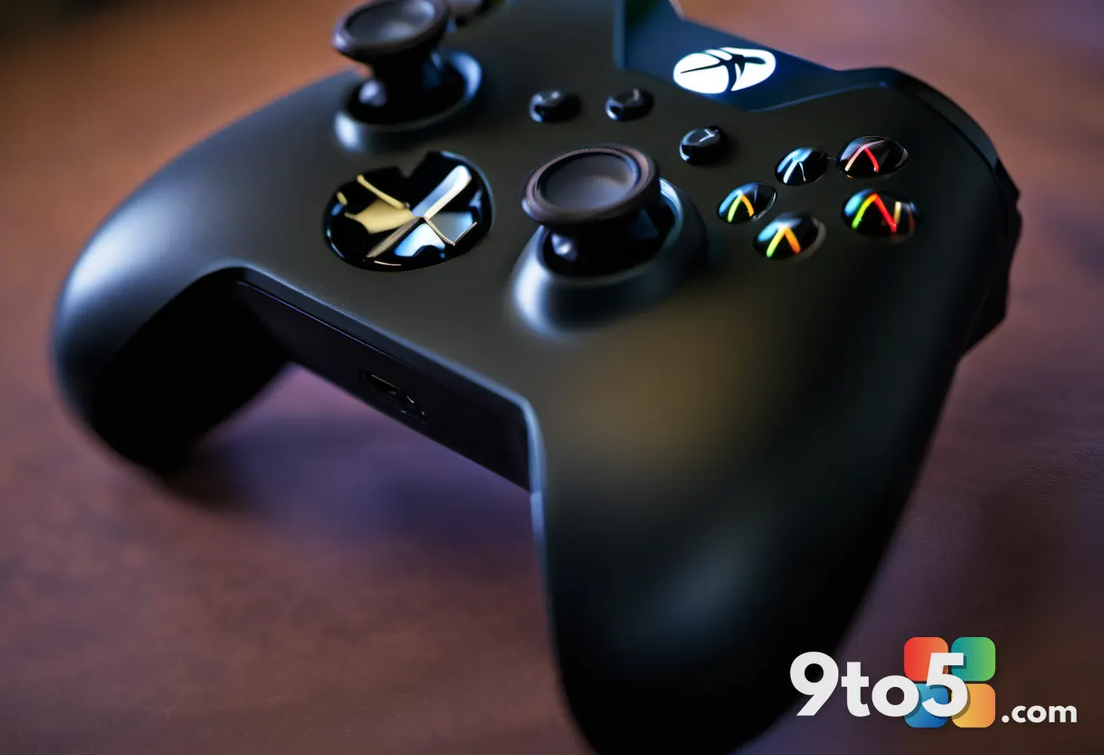 A close-up of a modern Xbox controller resting on a leather surface, with soft bokeh lights in the background suggesting