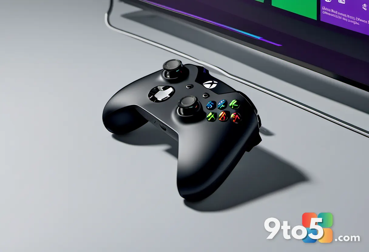 A close-up of a hand holding an Xbox controller with a blurred background of a laptop and TV screen showing the same gam