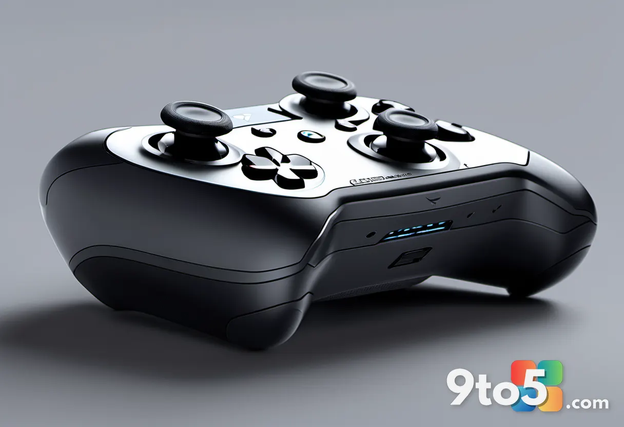 Close-up of a premium gaming controller's top section, highlighting a small rectangular screen replacing a traditional b