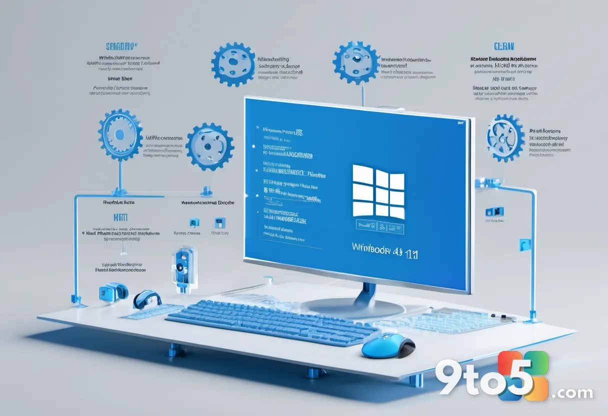 A clean infographic style image showing a Windows 11 logo surrounded by memory chips and optimization gears, blue and wh