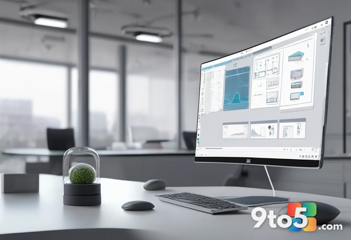 A modern office workspace with a laptop displaying local AI processing visuals, surrounded by subtle neural network grap