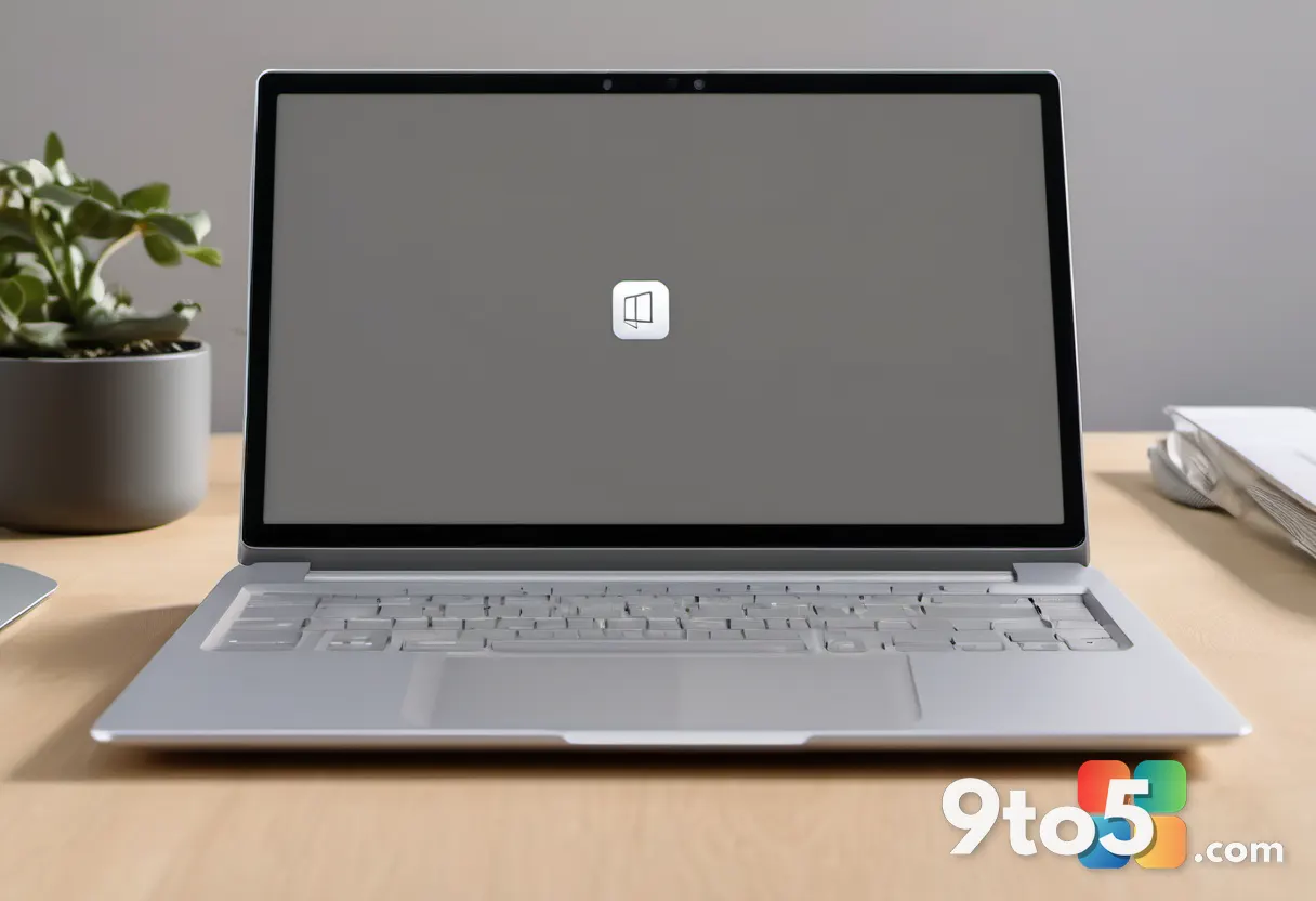 A top-down photograph of a closed silver laptop on a light wooden desk, showing a centered logo and smooth matte finish,