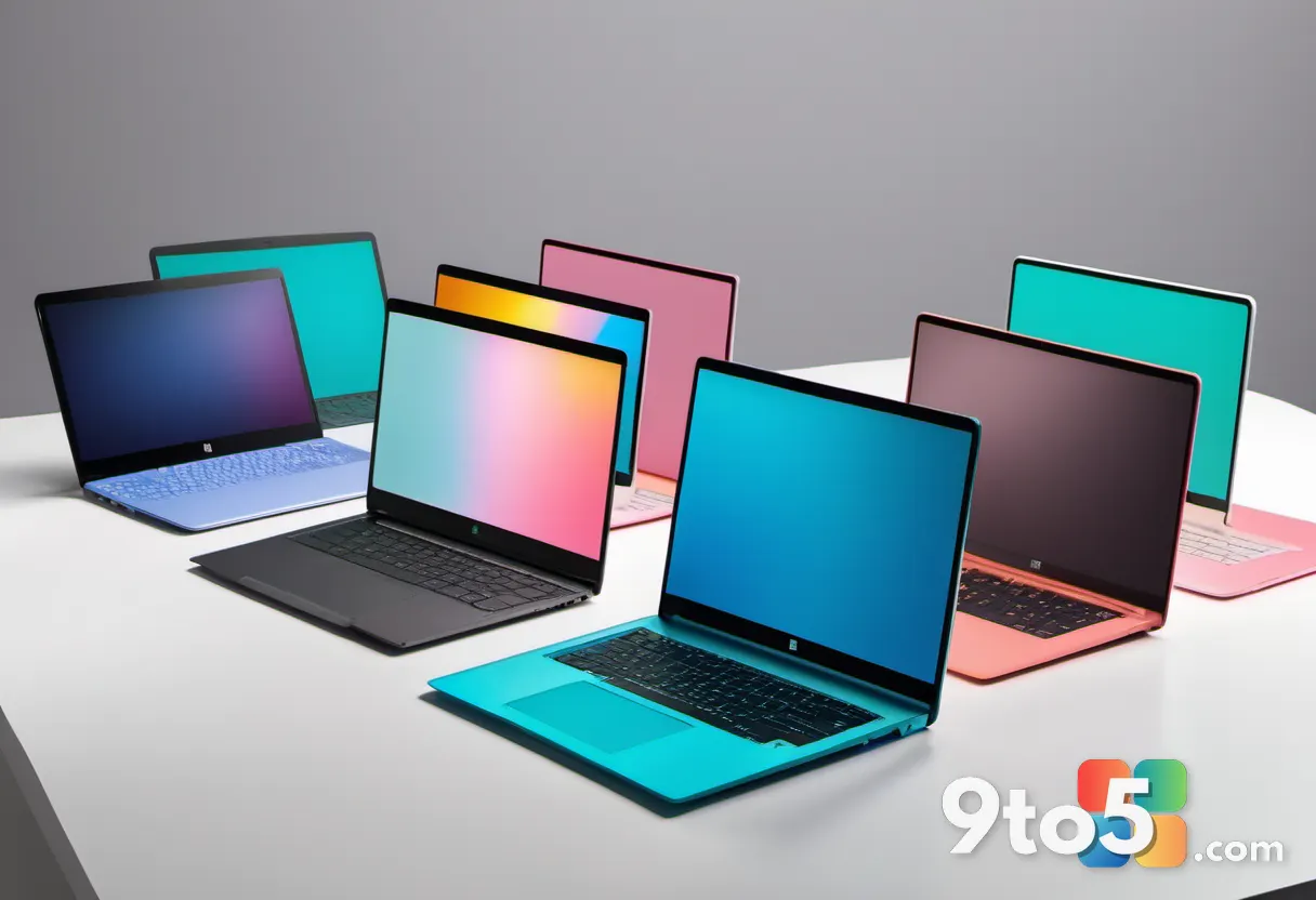 A row of seven colorful laptops arranged side by side on a white surface, each showing a different pastel and vibrant fi