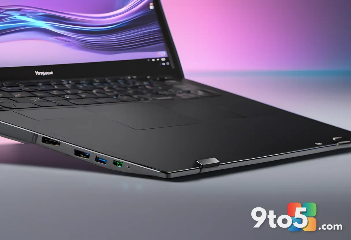 A close-up side view of a laptop edge showing USB-A, USB-C, and HDMI ports with a small LED indicator, shallow depth of 