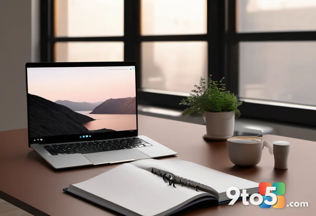 A minimalist workspace showing a budget laptop open next to a notebook and coffee cup, warm ambient lighting, no visible