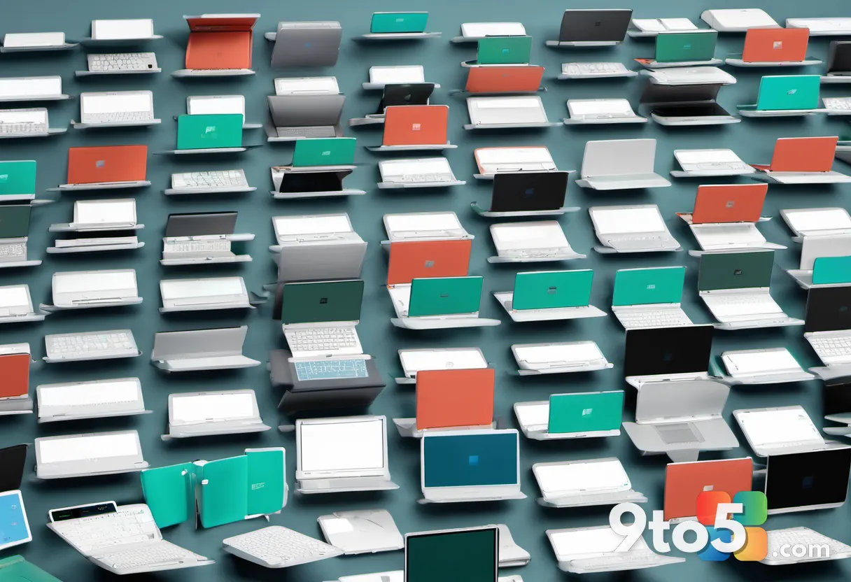 Top-down view of multiple Lenovo IdeaPad Vibe laptops arranged in a fan pattern, each in a different color: Lowkey Grey,