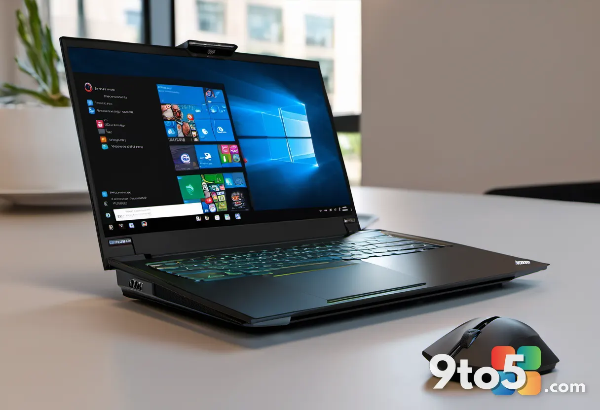 A split view showing a Lenovo Legion Go controller detached and placed next to a laptop, highlighting the device's modul