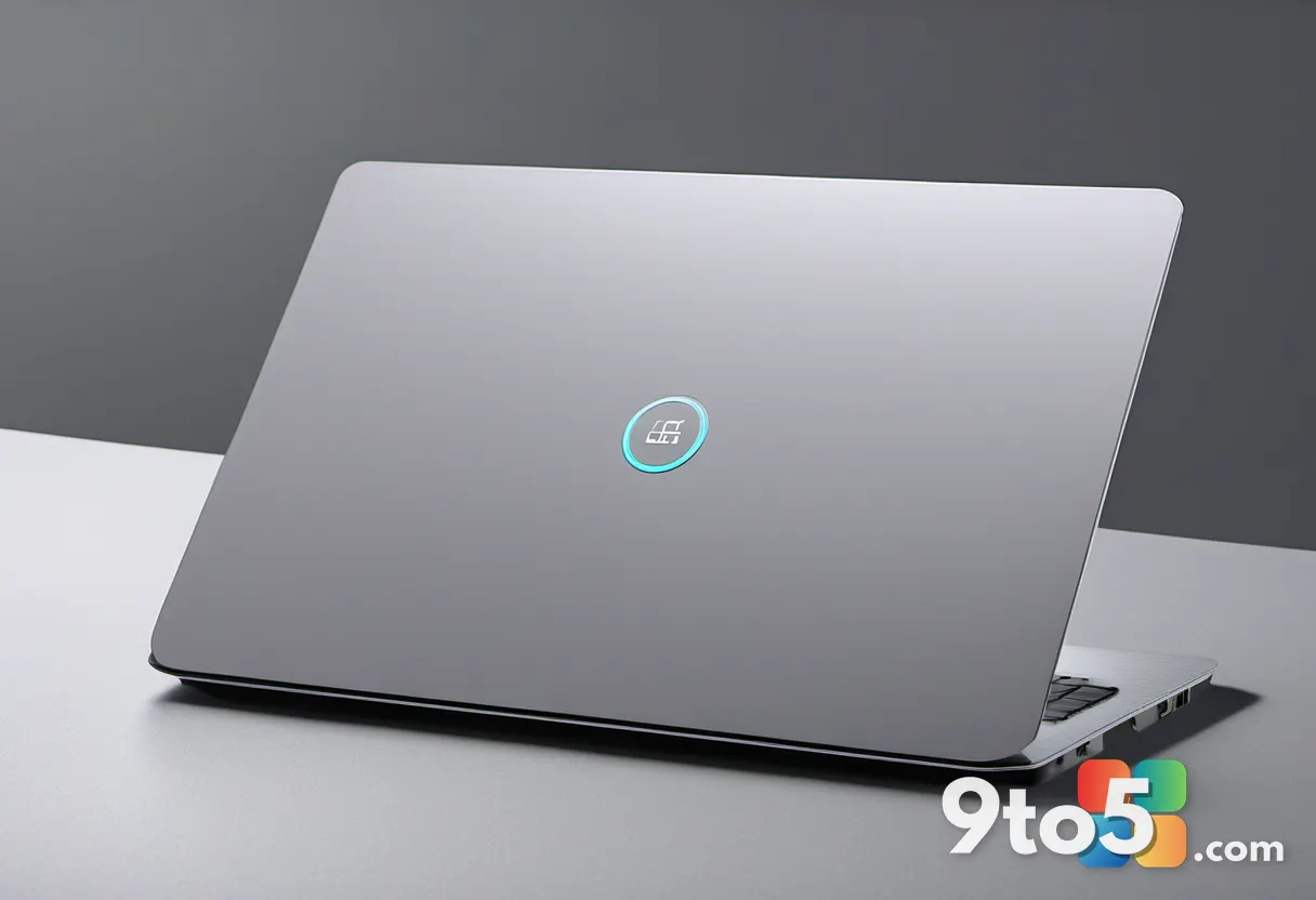 Close-up shot of the laptop lid featuring a unique textured finish and a centered logo, resting on a clean gray surface,