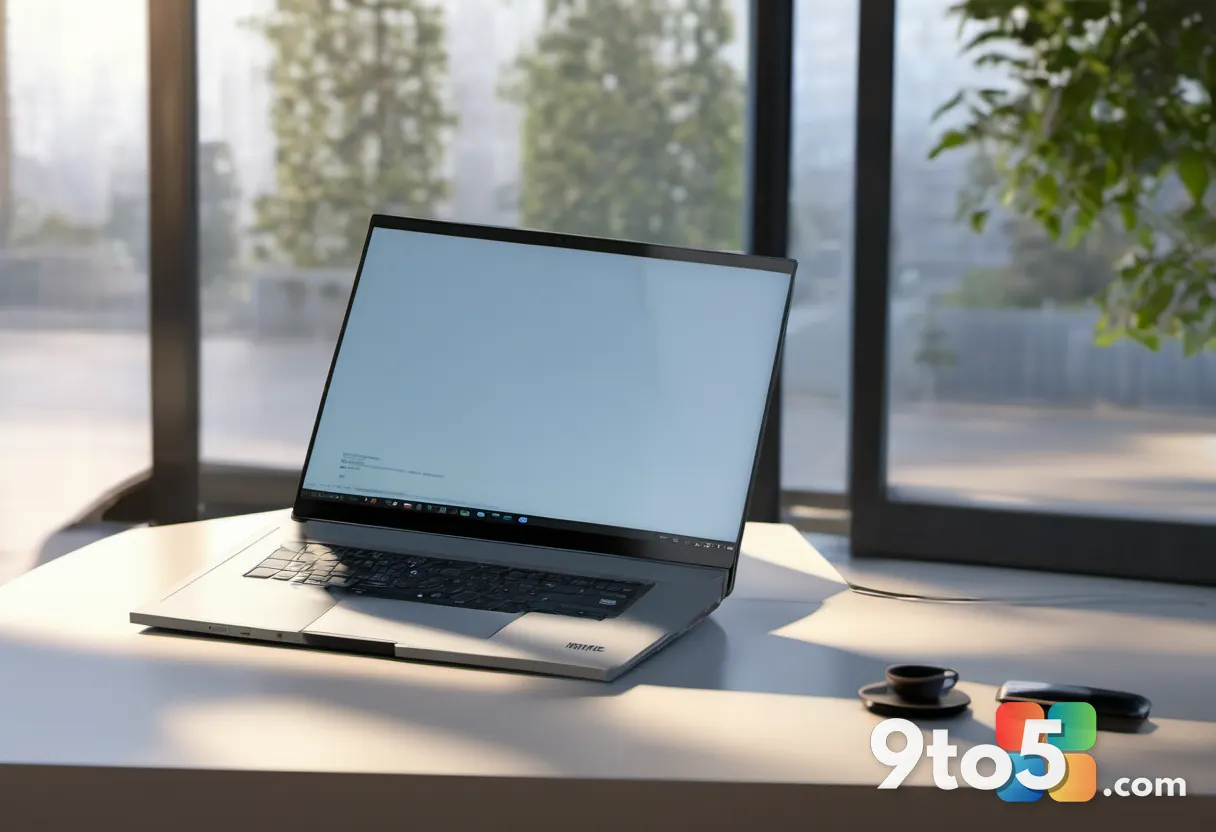 Open laptop on a modern desk showing the backlit keyboard and a bright display, with a notebook and pen nearby, natural