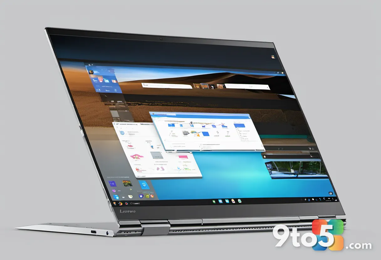 Close-up of the Lenovo Yoga 7i 2-in-1's hinge mechanism in laptop mode, showing the screen pivot, clean silver finish, s