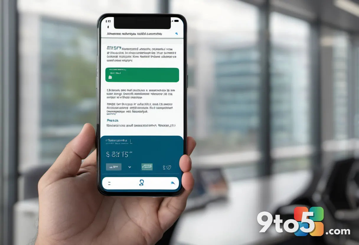 A close-up of a hand holding a smartphone displaying a document icon, with a blurred background of a busy office, emphas