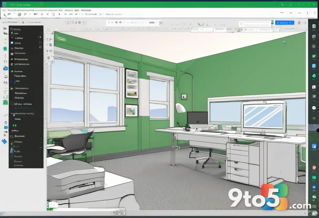 A stylized desktop scene showing the LibreOffice suite with a settings menu open to interface layout options, rendered i
