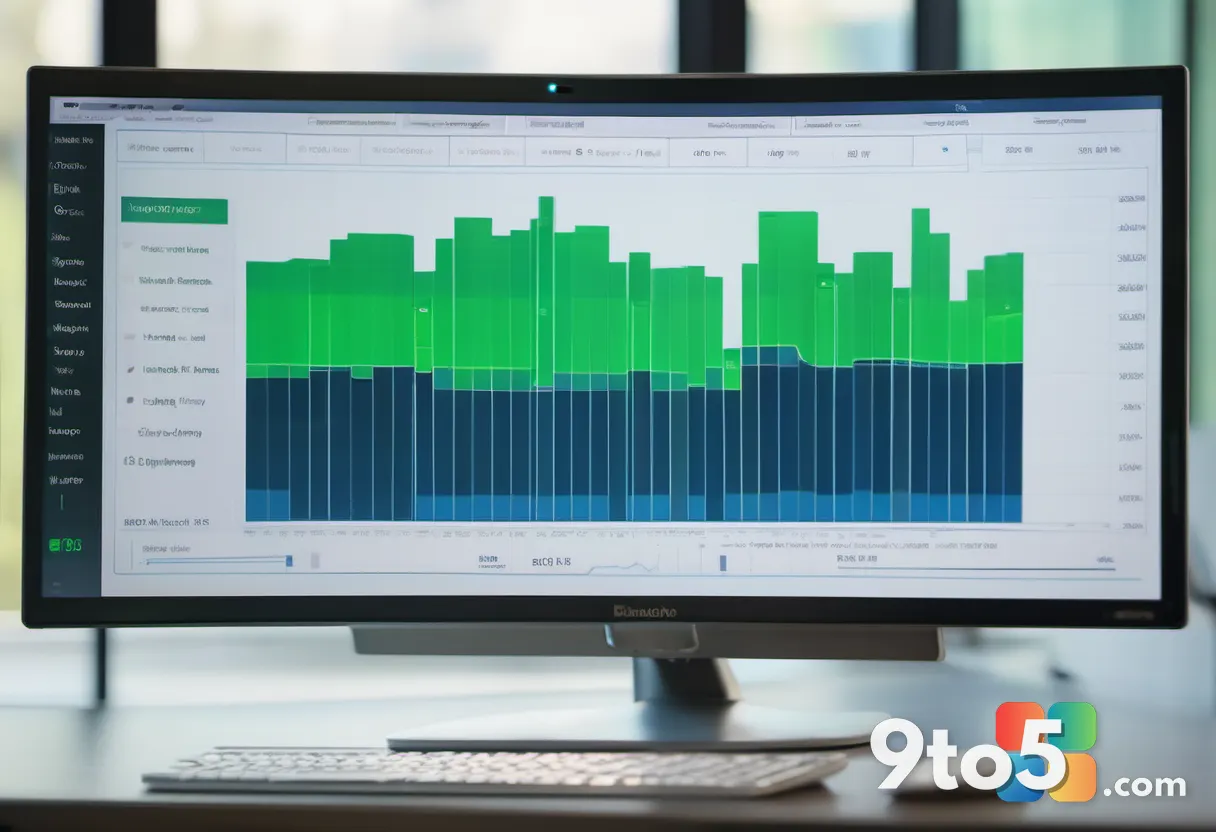A close-up of a computer monitor displaying a bar chart with green and blue columns, soft office background, shallow dep