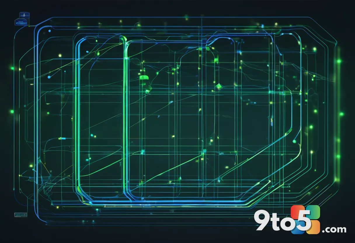 A network diagram showing interconnected nodes with green and blue light trails flowing between them, dark background, d