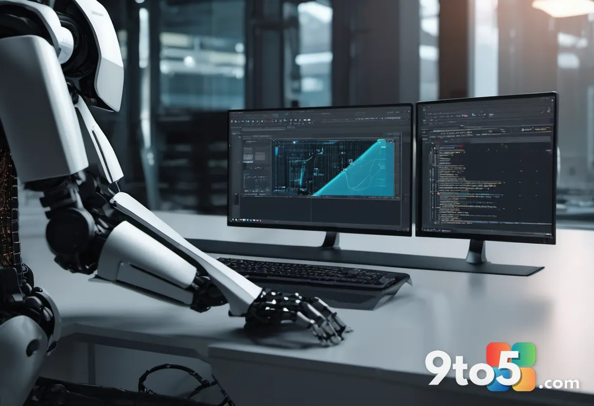 A split screen composition showing a human hand typing on a keyboard on one side and a robotic arm processing data on th