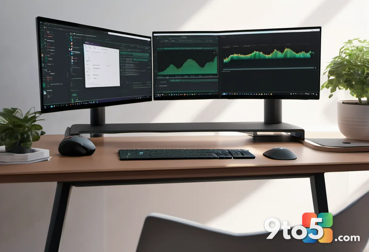 A minimalist desk setup featuring a monitor displaying clean terminal code, a mechanical keyboard, and a potted plant in